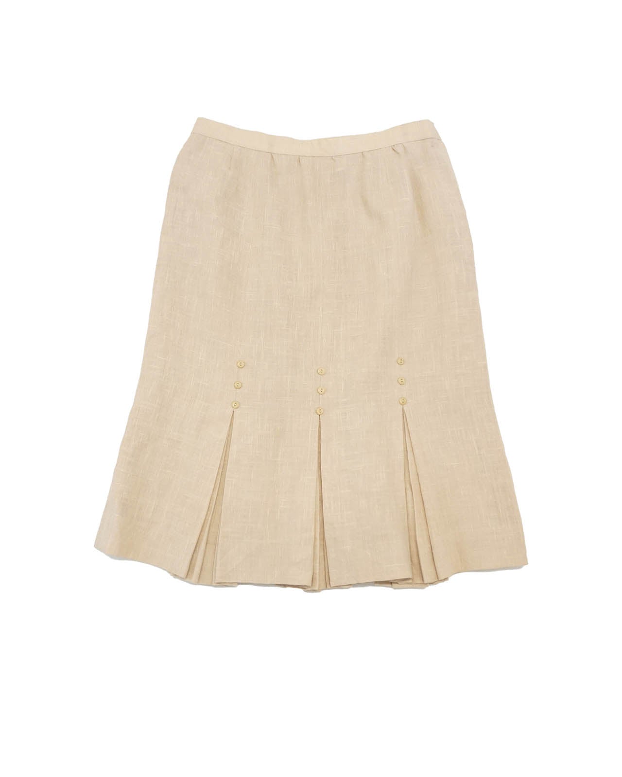 (29") Beige Linen Button Details Pleated Hem Skirt