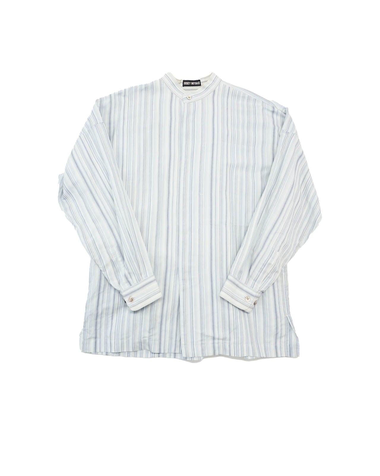 (L/XL) ISSEY MIYAKE Striped Stand-Collar Shirt Blue/White c.Early 00s