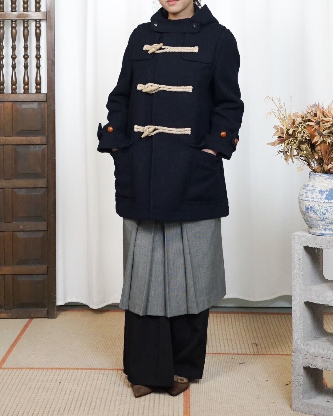 HARRIS TWEED 100% Wool Navy Duffle Coat - alternate view