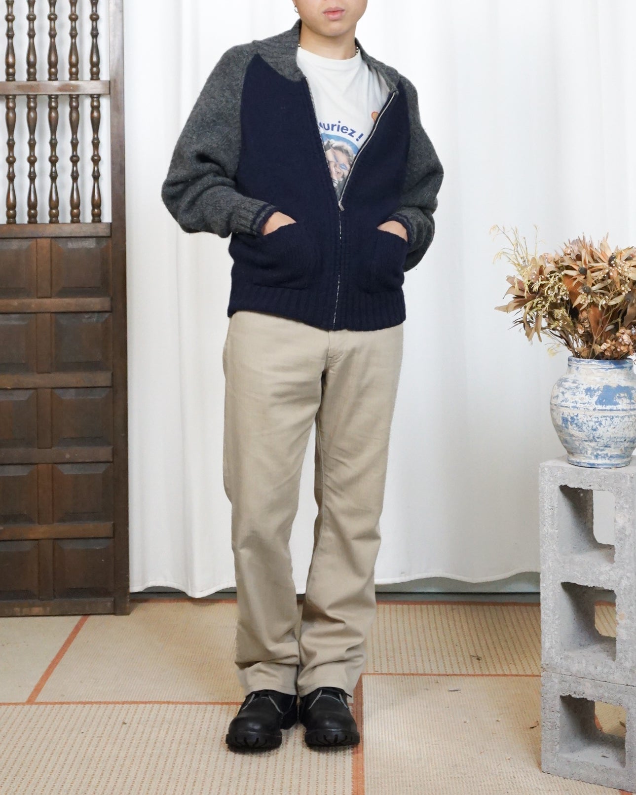 TOWN&COUNTRY Two Tone Wool Zip Cardigan 90s - alternate view