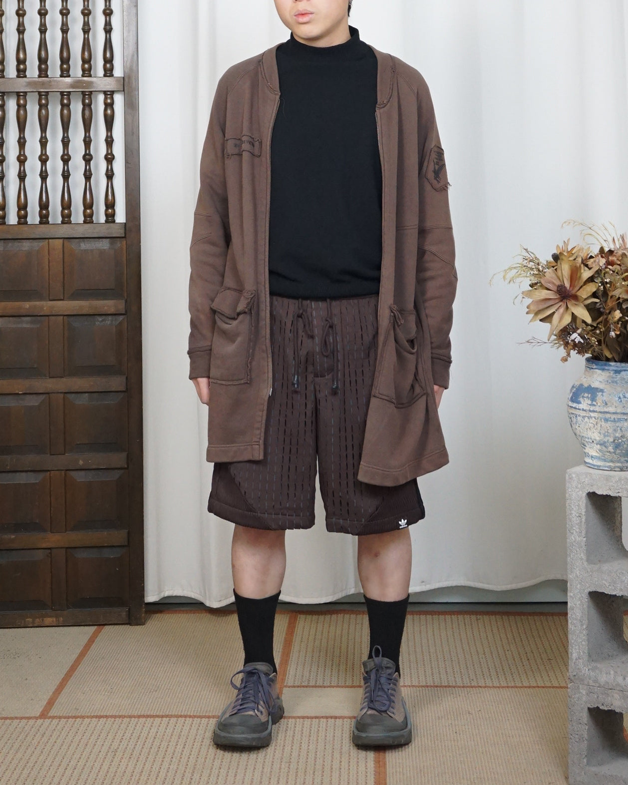 291295=HOMME Brown Long Zipped Jacket