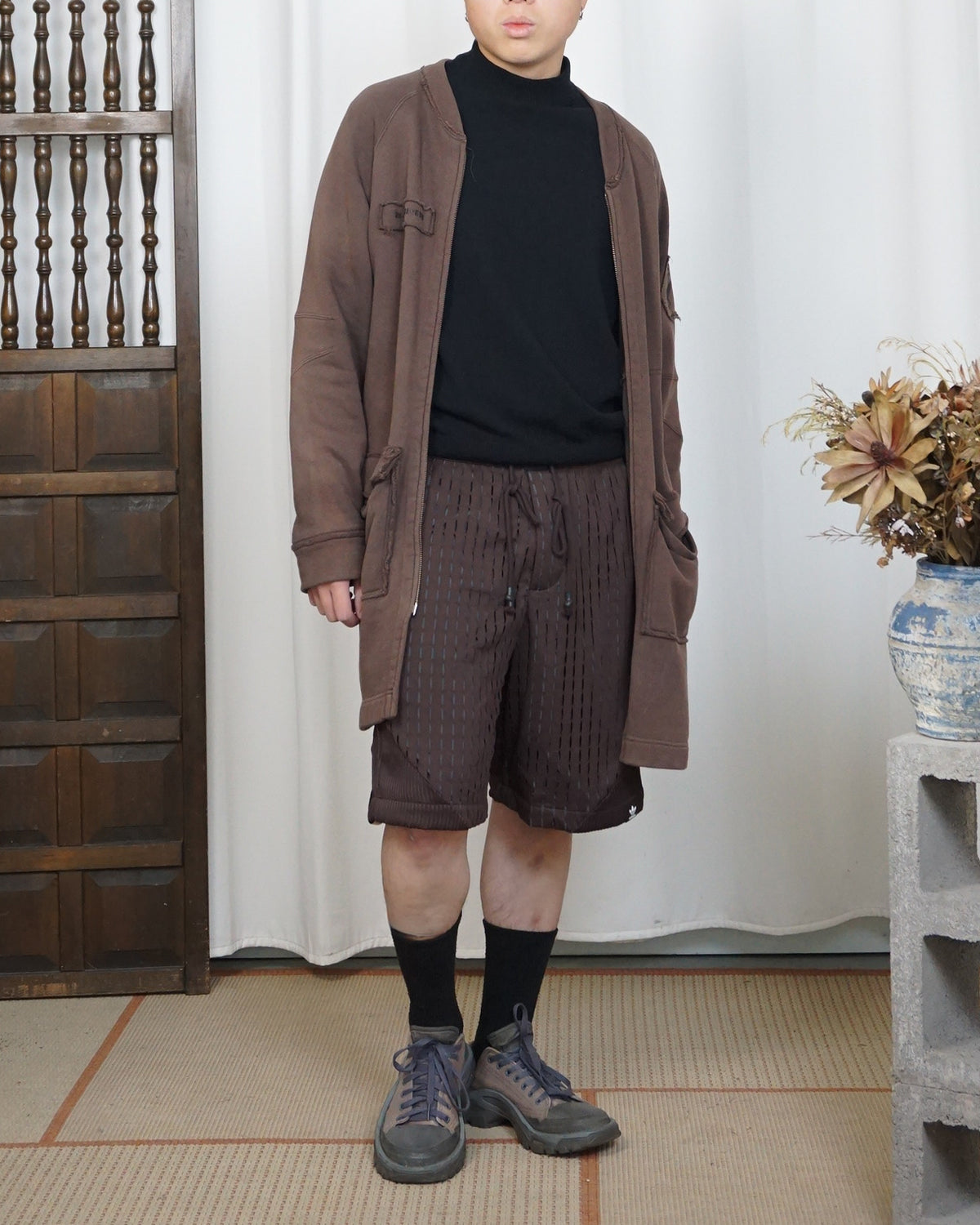 291295=HOMME Brown Long Zipped Jacket