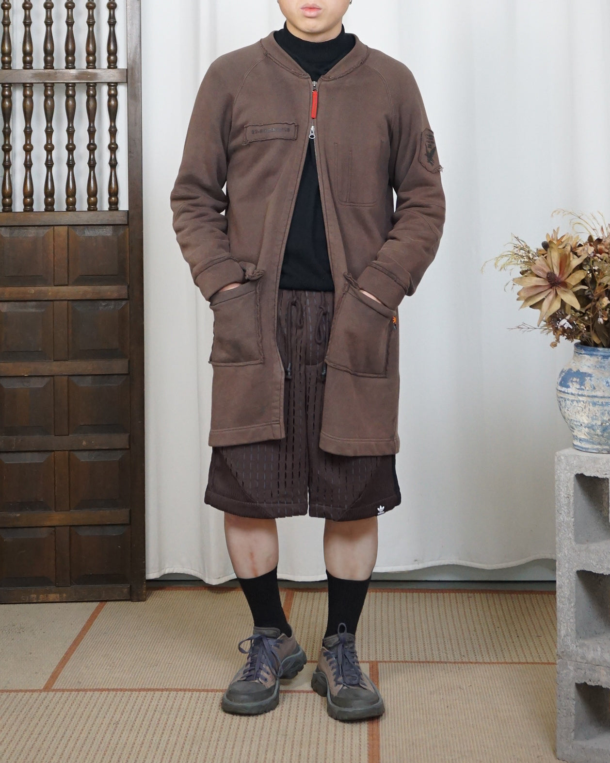 291295=HOMME Brown Long Zipped Jacket