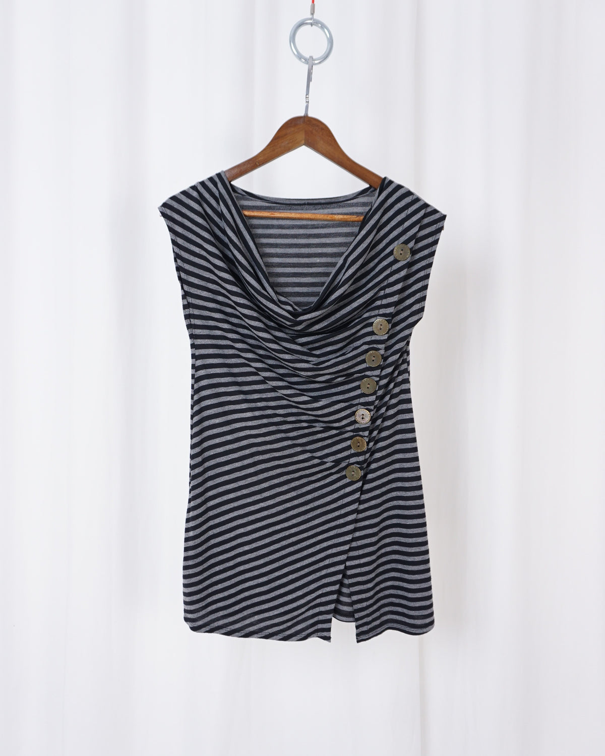 Grey Cowl Neck w/ Asymmetrical Buttons Stripe Top/Dress