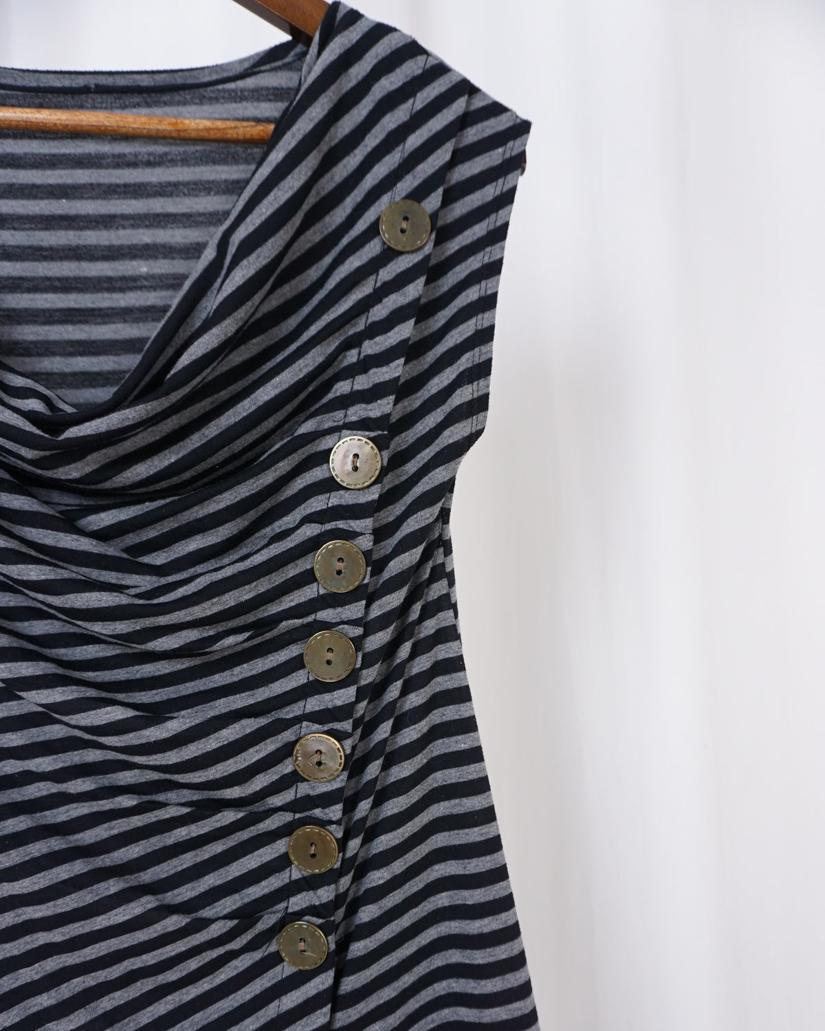 Grey Cowl Neck w/ Asymmetrical Buttons Stripe Top/Dress