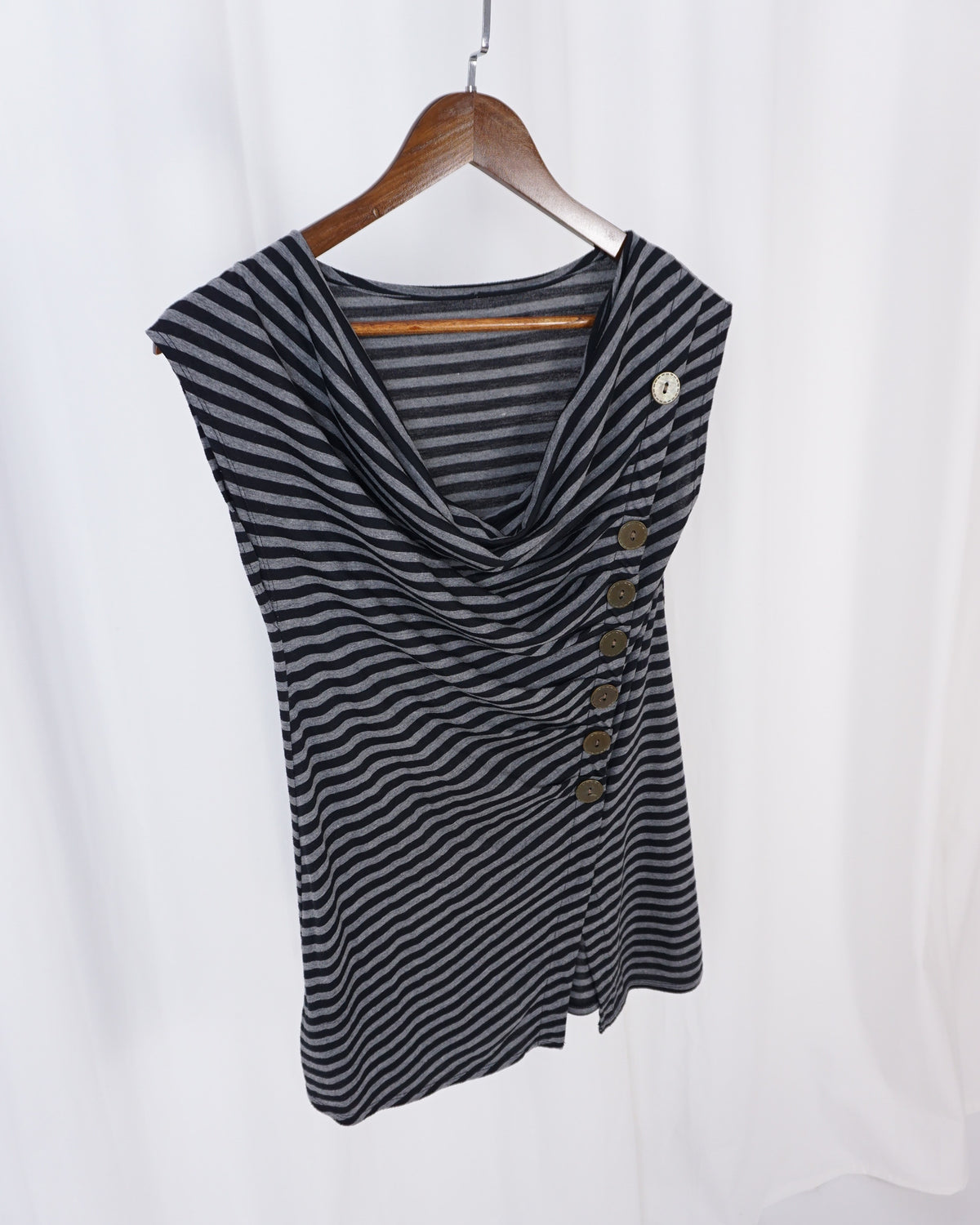 Grey Cowl Neck w/ Asymmetrical Buttons Stripe Top/Dress