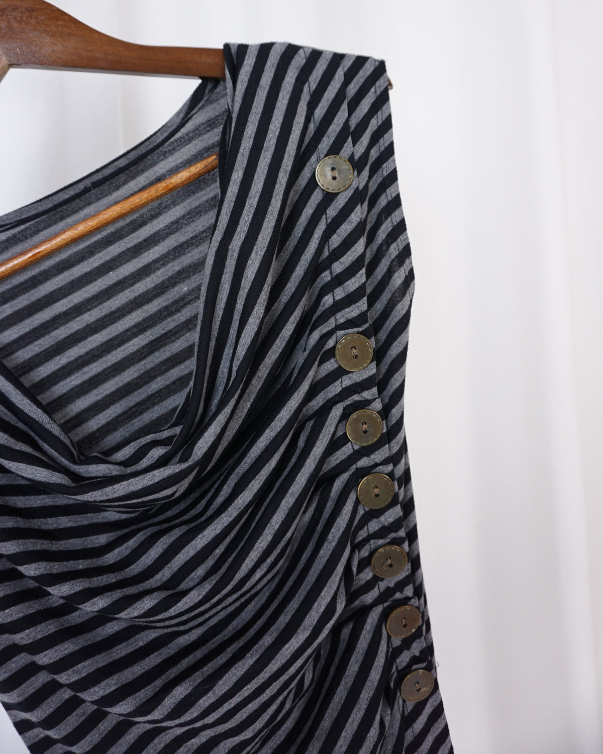 Grey Cowl Neck w/ Asymmetrical Buttons Stripe Top/Dress