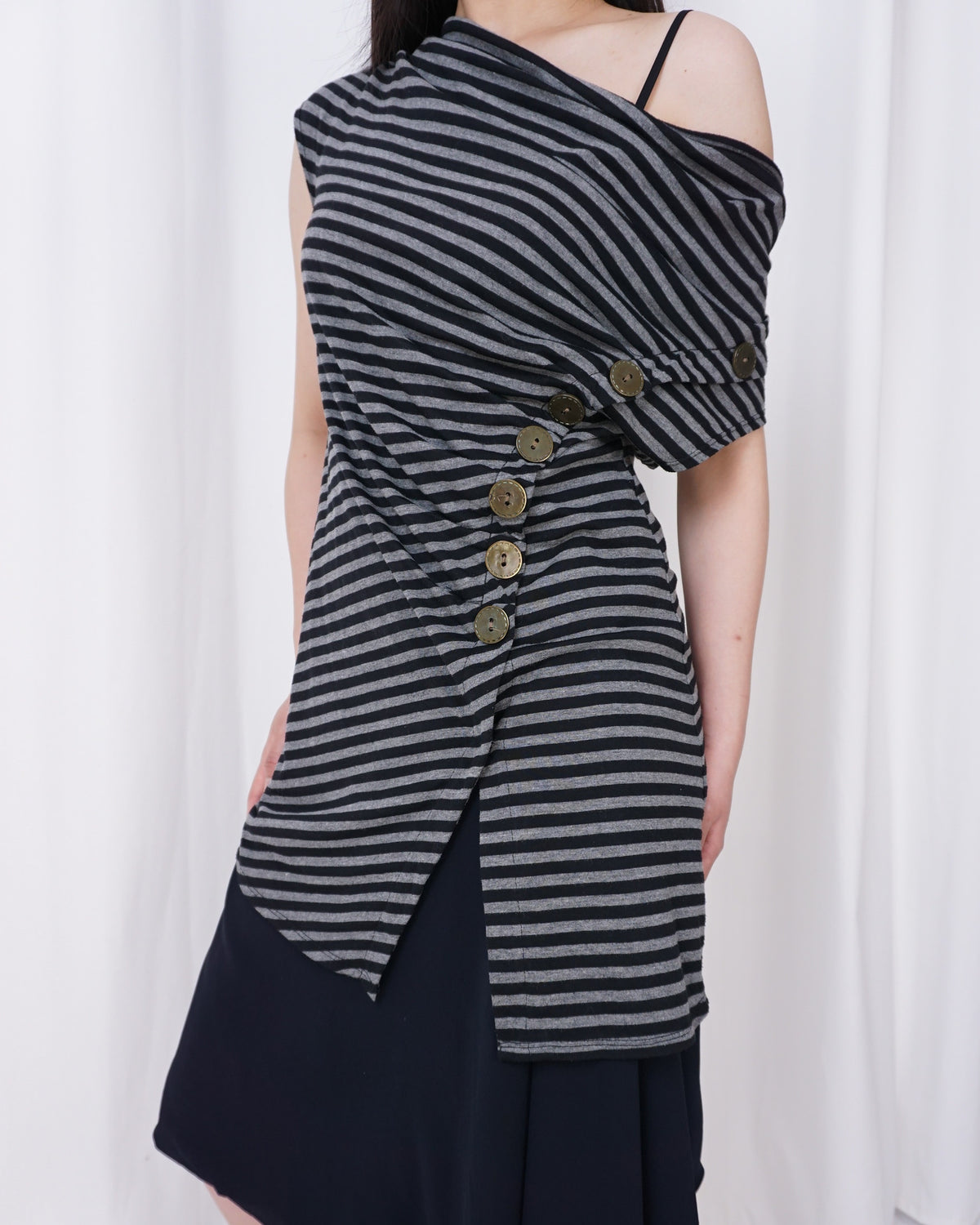 Grey Cowl Neck w/ Asymmetrical Buttons Stripe Top/Dress - alternate view