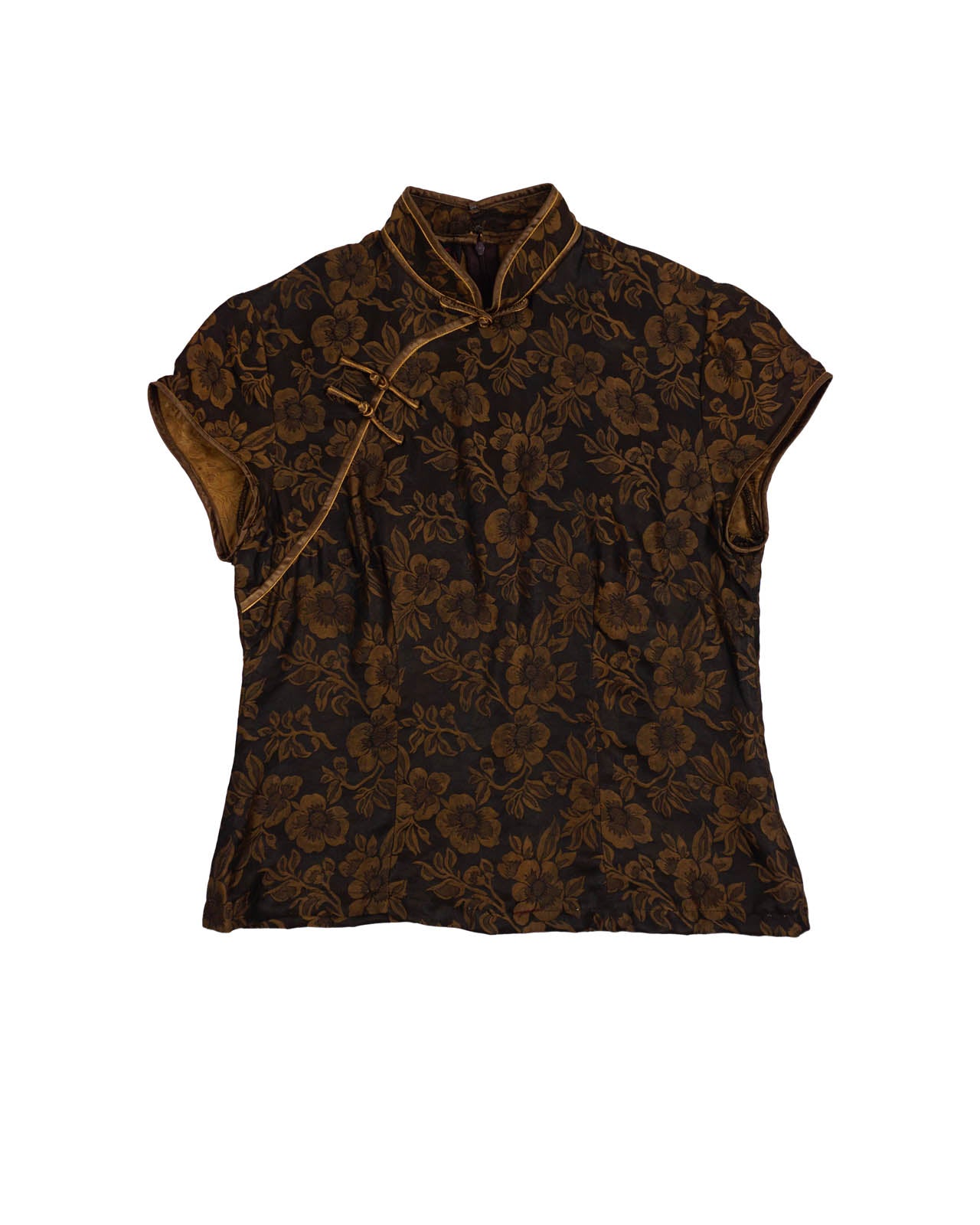 (M) Brown Floral Mandarin Traditional Top