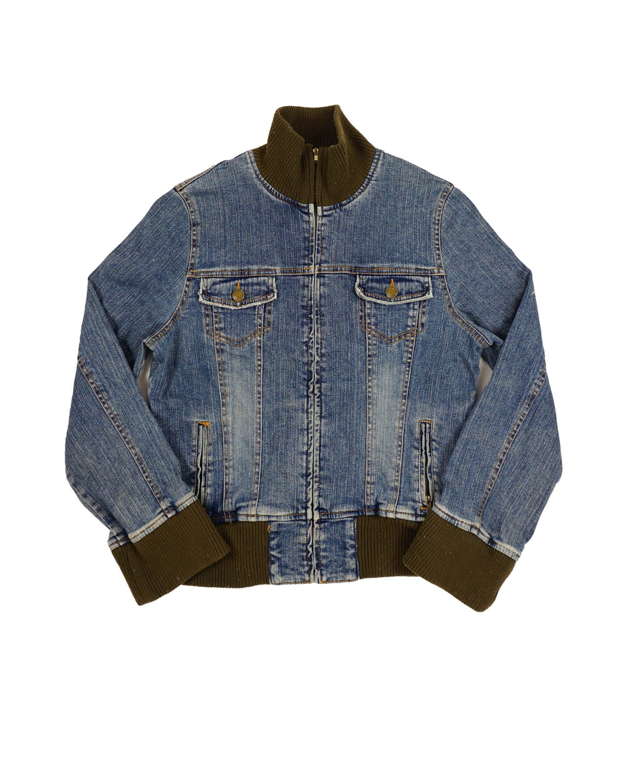 (M) High Neck Zipped Denim Jacket w/ Ribbed Knit Details
