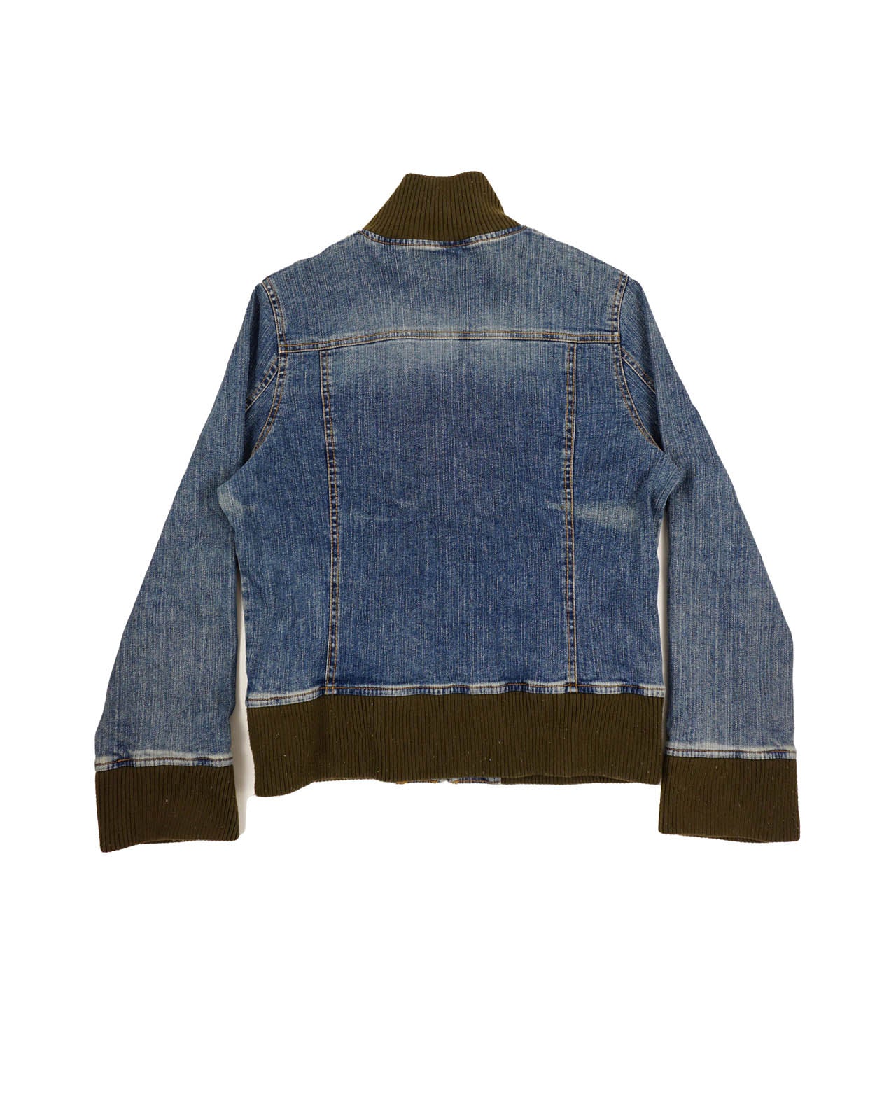 (M) High Neck Zipped Denim Jacket w/ Ribbed Knit Details
