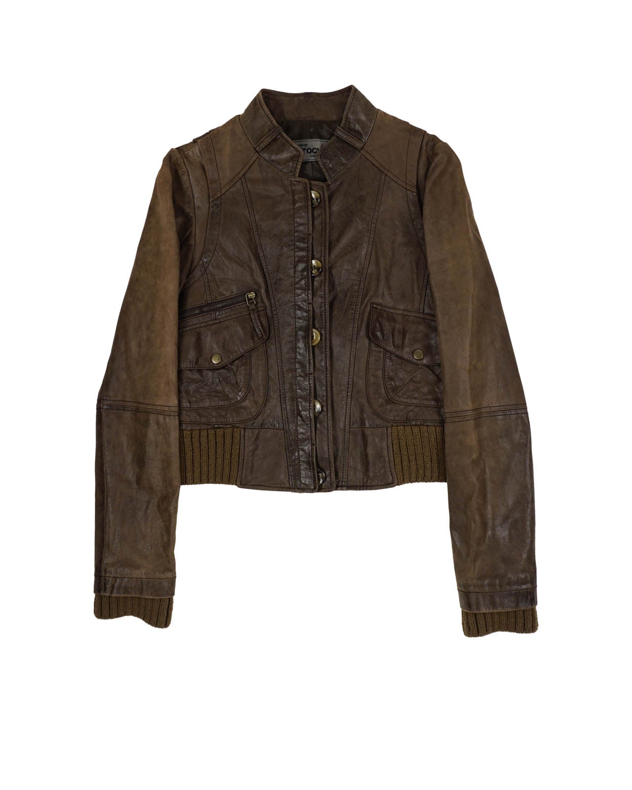 (XS/S) PROCYON Brown Leather Jacket w/ Ribbed Knit Details