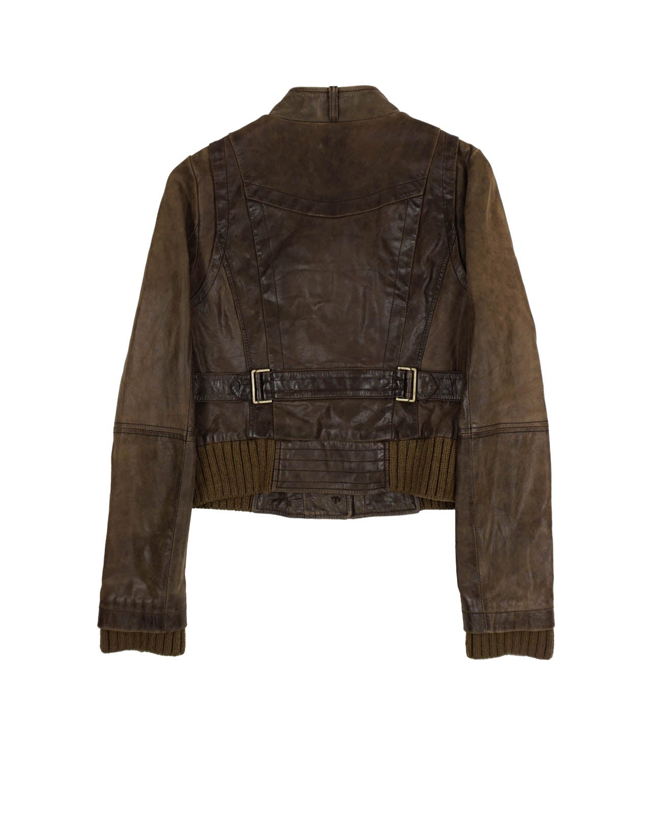 (XS/S) PROCYON Brown Leather Jacket w/ Ribbed Knit Details
