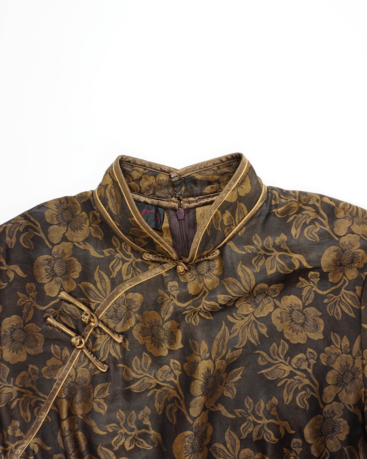 (M) Brown Floral Mandarin Traditional Top