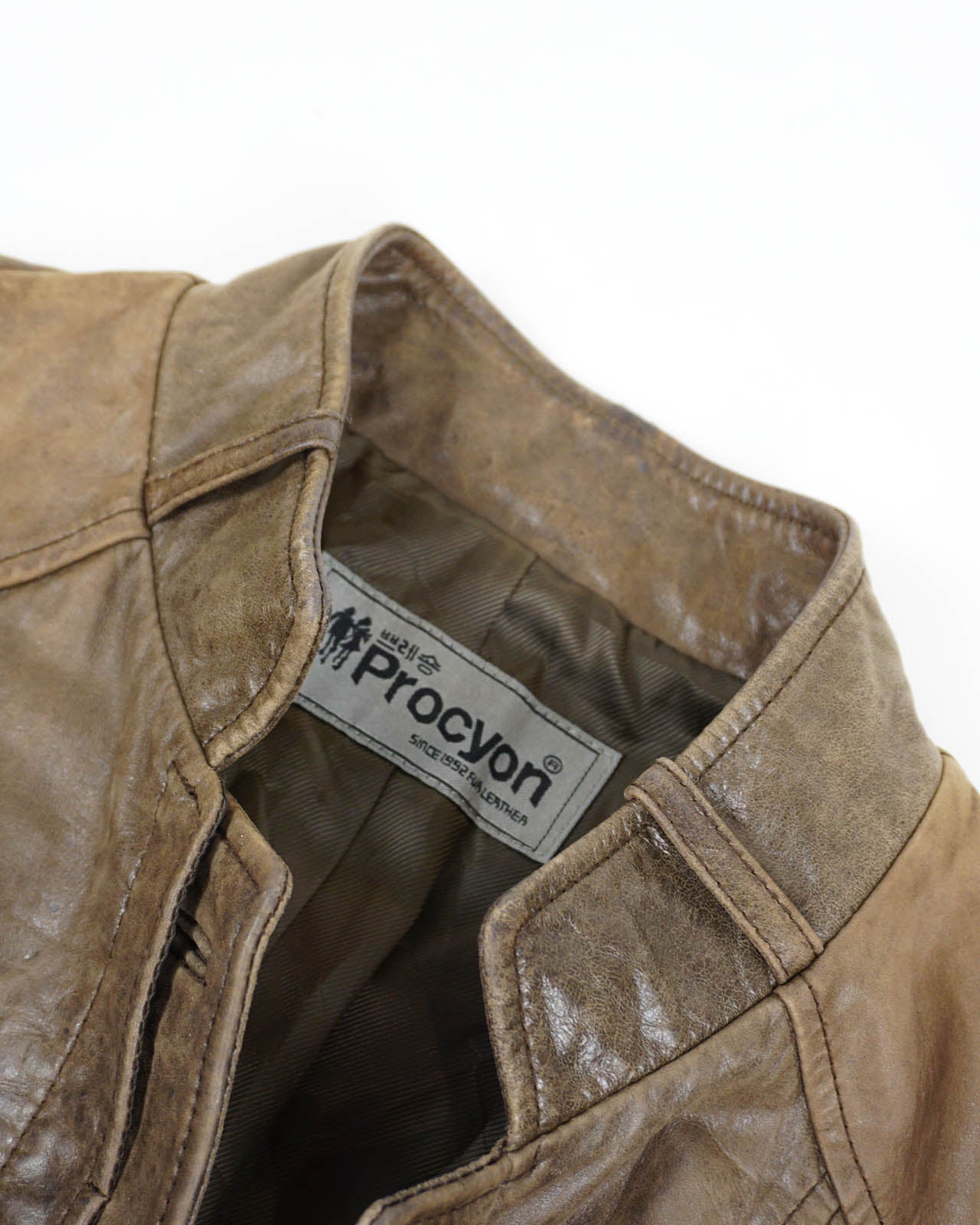 (XS/S) PROCYON Brown Leather Jacket w/ Ribbed Knit Details
