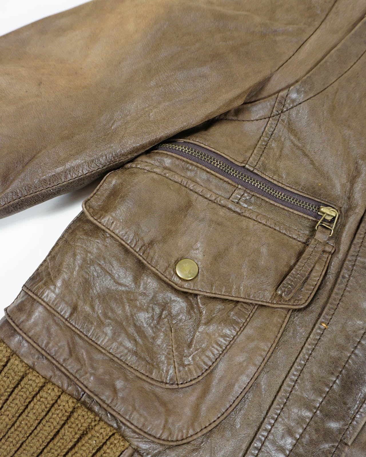 (XS/S) PROCYON Brown Leather Jacket w/ Ribbed Knit Details