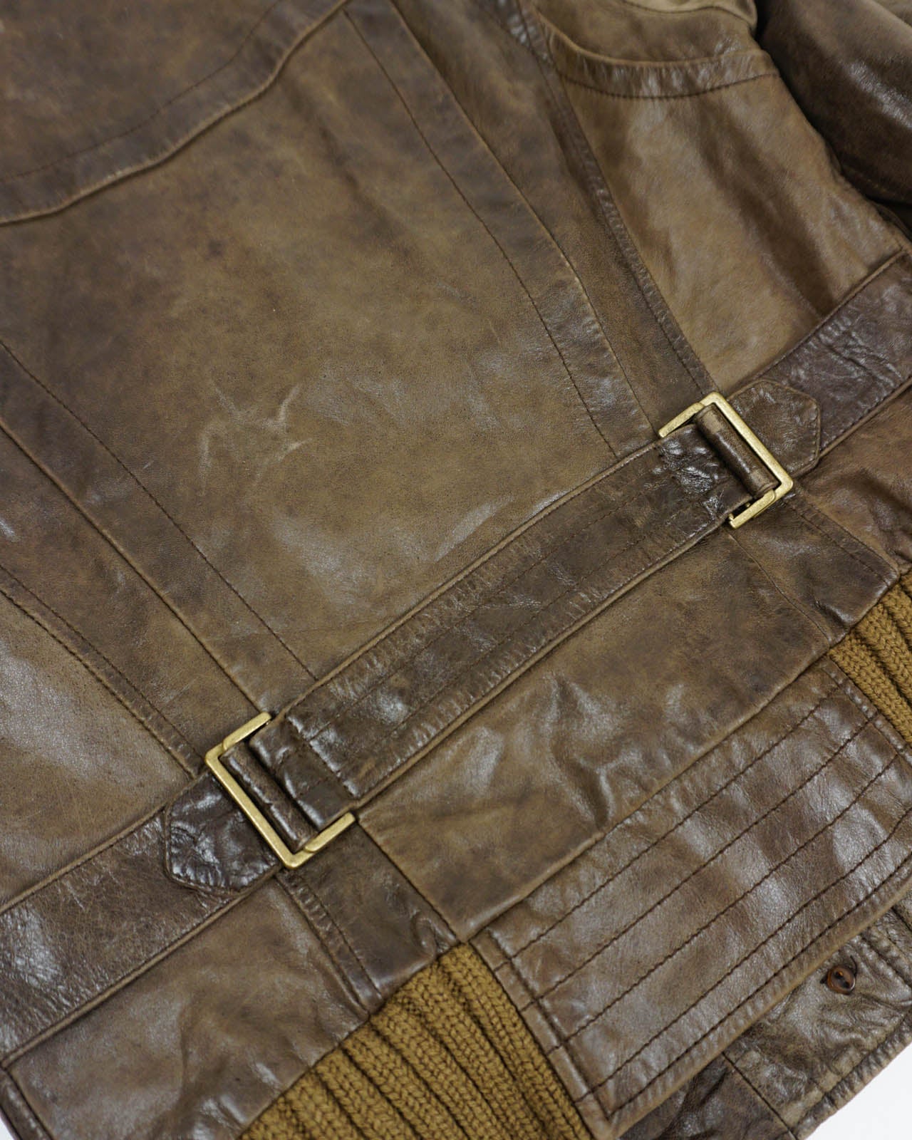 (XS/S) PROCYON Brown Leather Jacket w/ Ribbed Knit Details