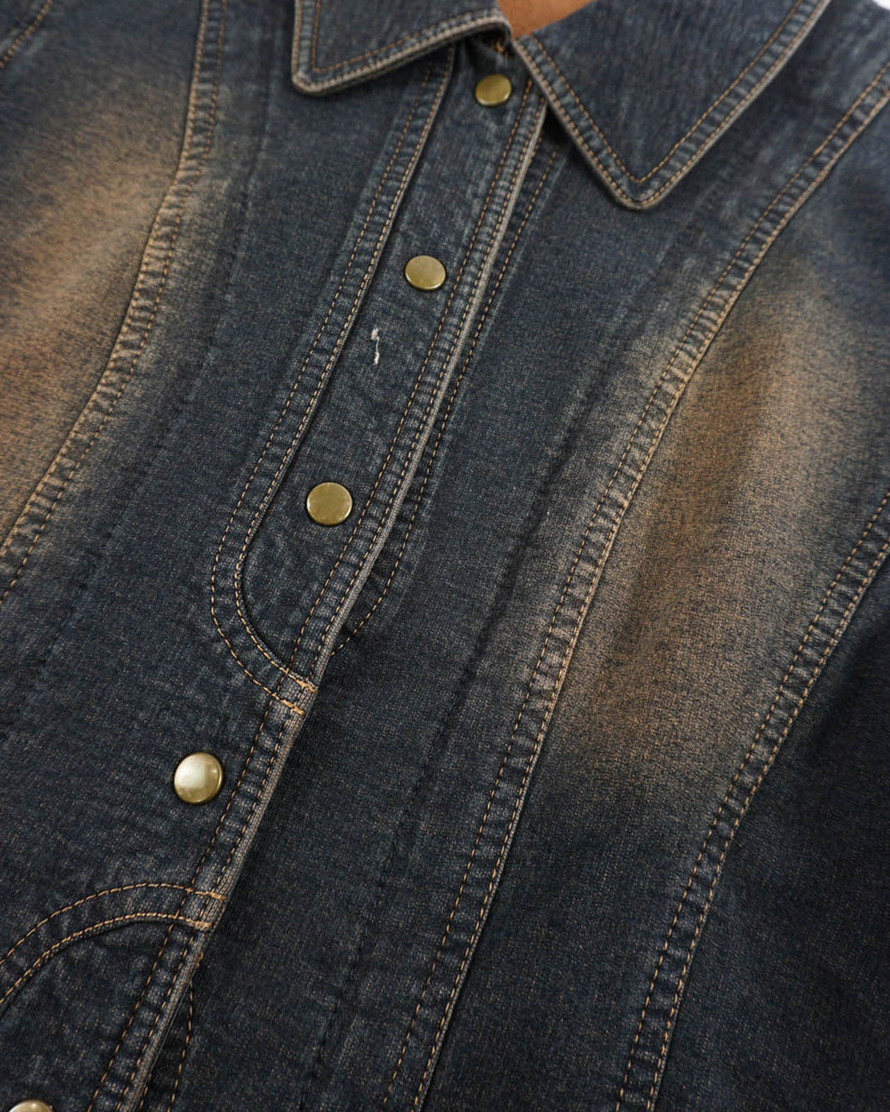 (S/M) LOBJIE Western Faded Denim Jacket