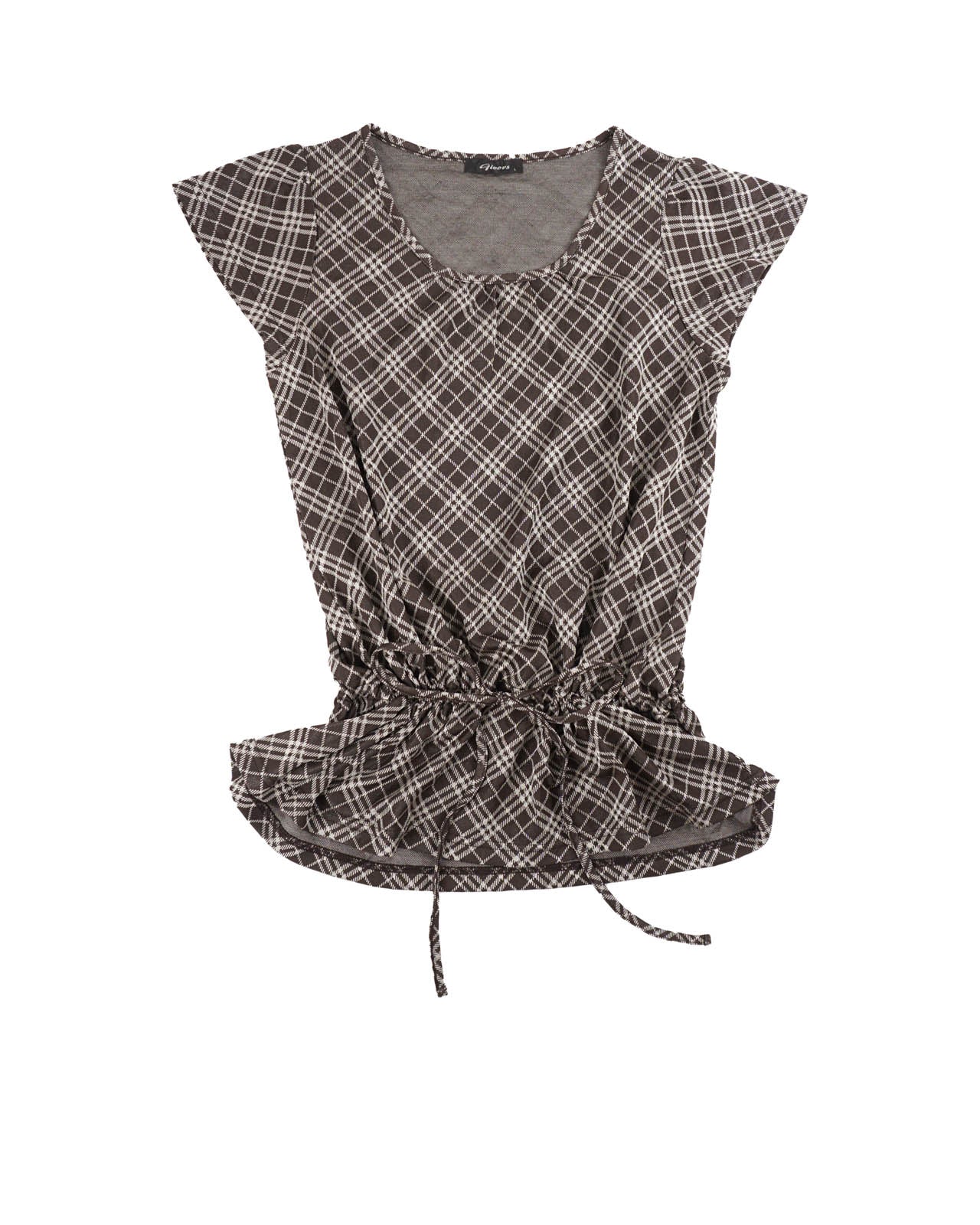 (L) GIUOVS Brown Checkered Cinched Waist Top