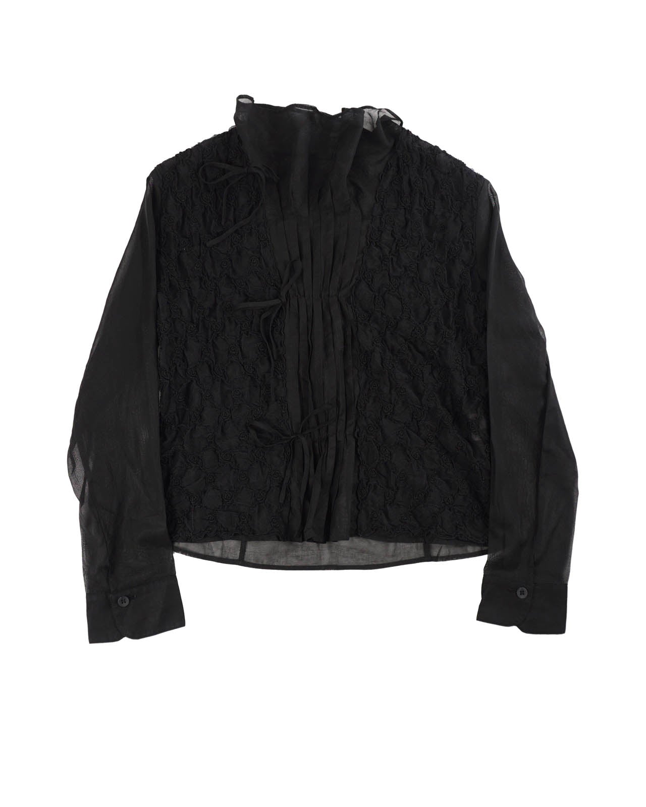 (S/M) Black Pleated Front High Neck 3D Rose Textured Sheer Top