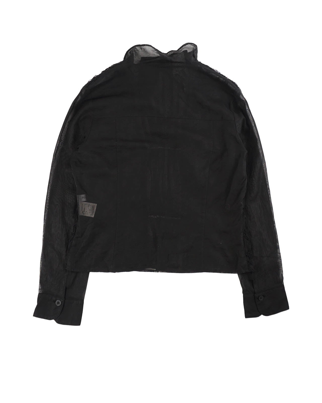 (S/M) Black Pleated Front High Neck 3D Rose Textured Sheer Top