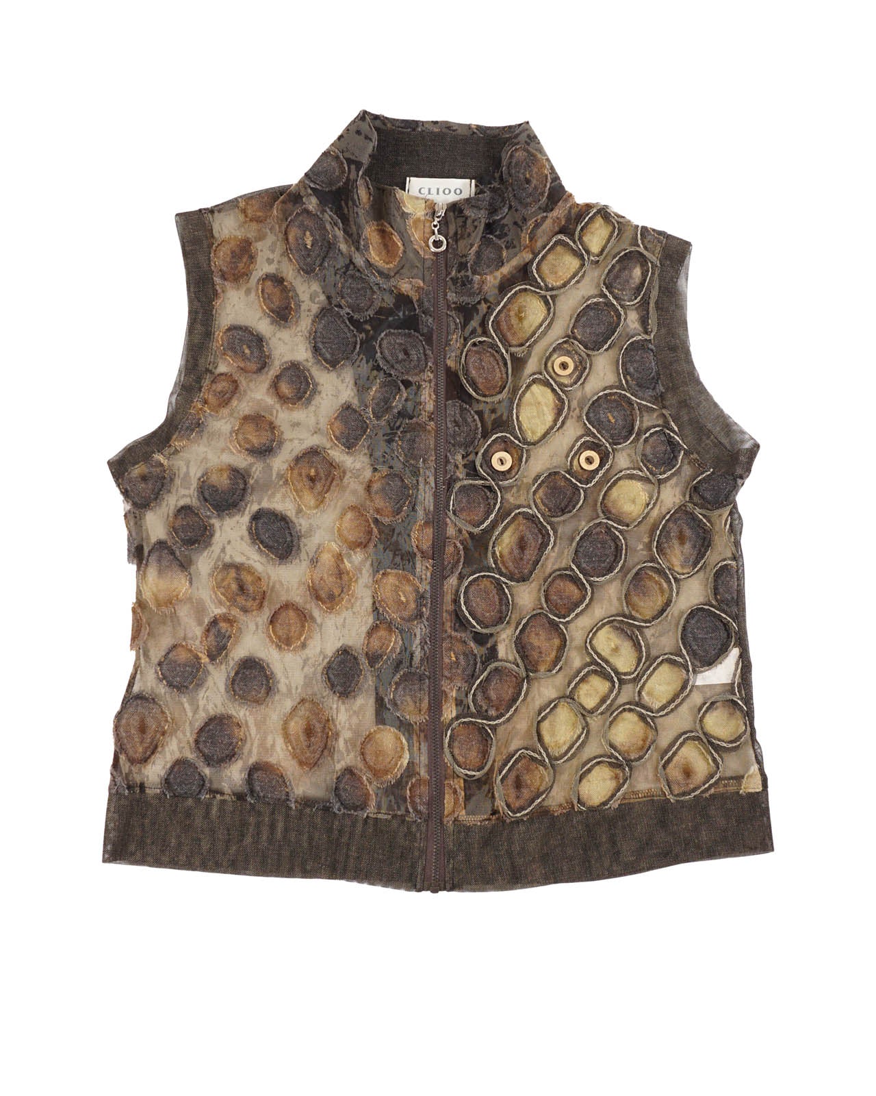 (S/M) CLIOO Earthy Palette Wood Pattern Zipped Up Tank Top