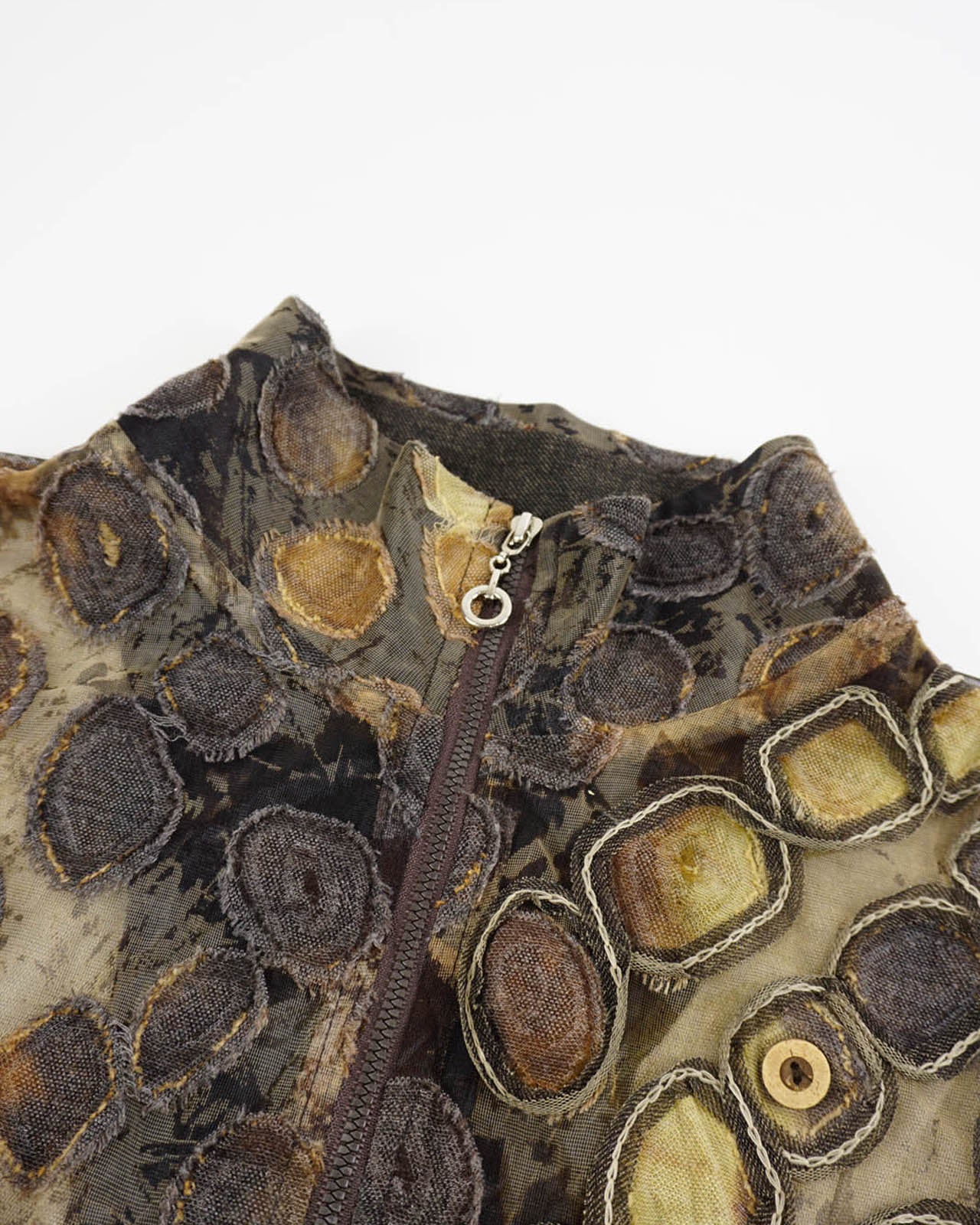 (S/M) CLIOO Earthy Palette Wood Pattern Zipped Up Tank Top