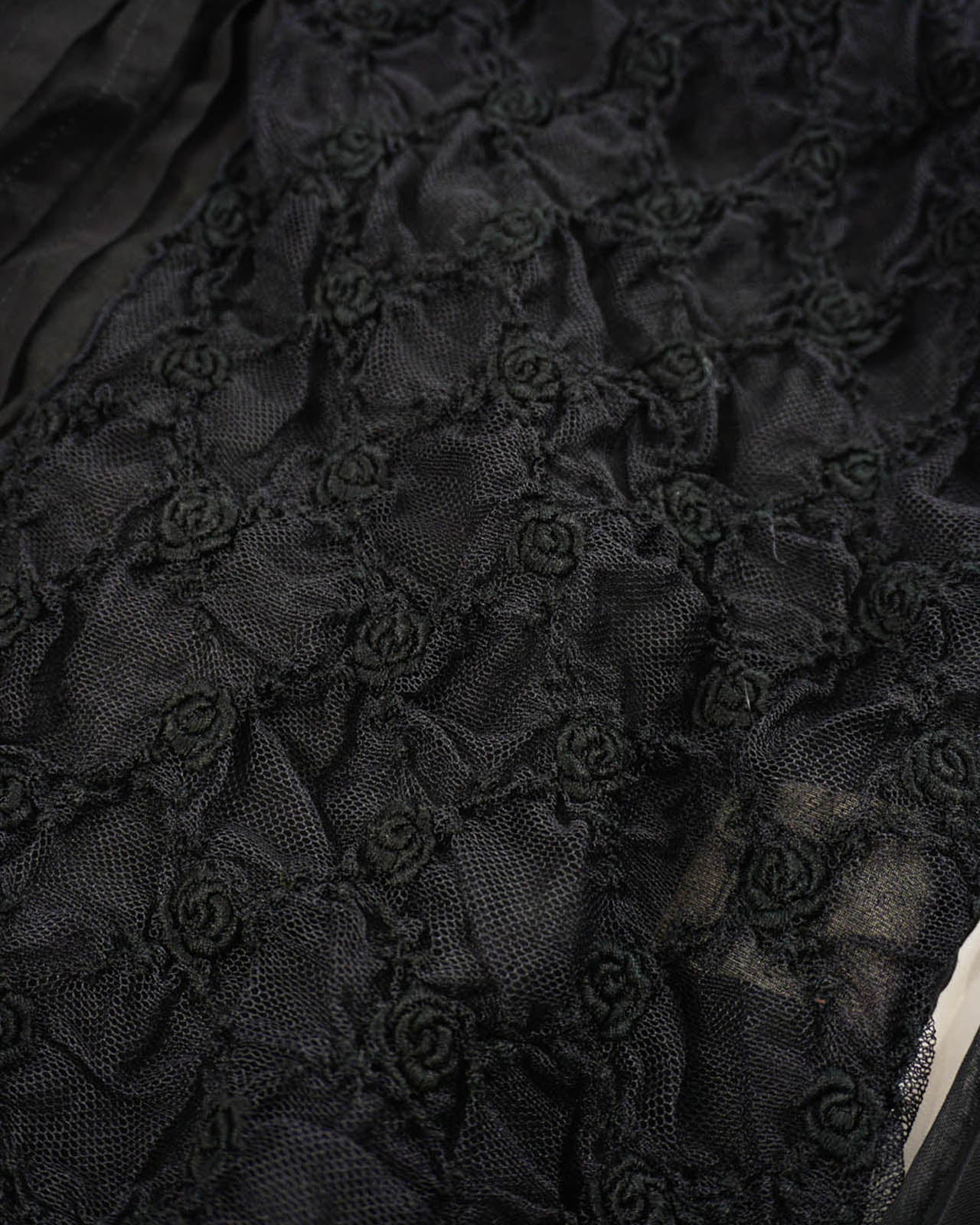 (S/M) Black Pleated Front High Neck 3D Rose Textured Sheer Top