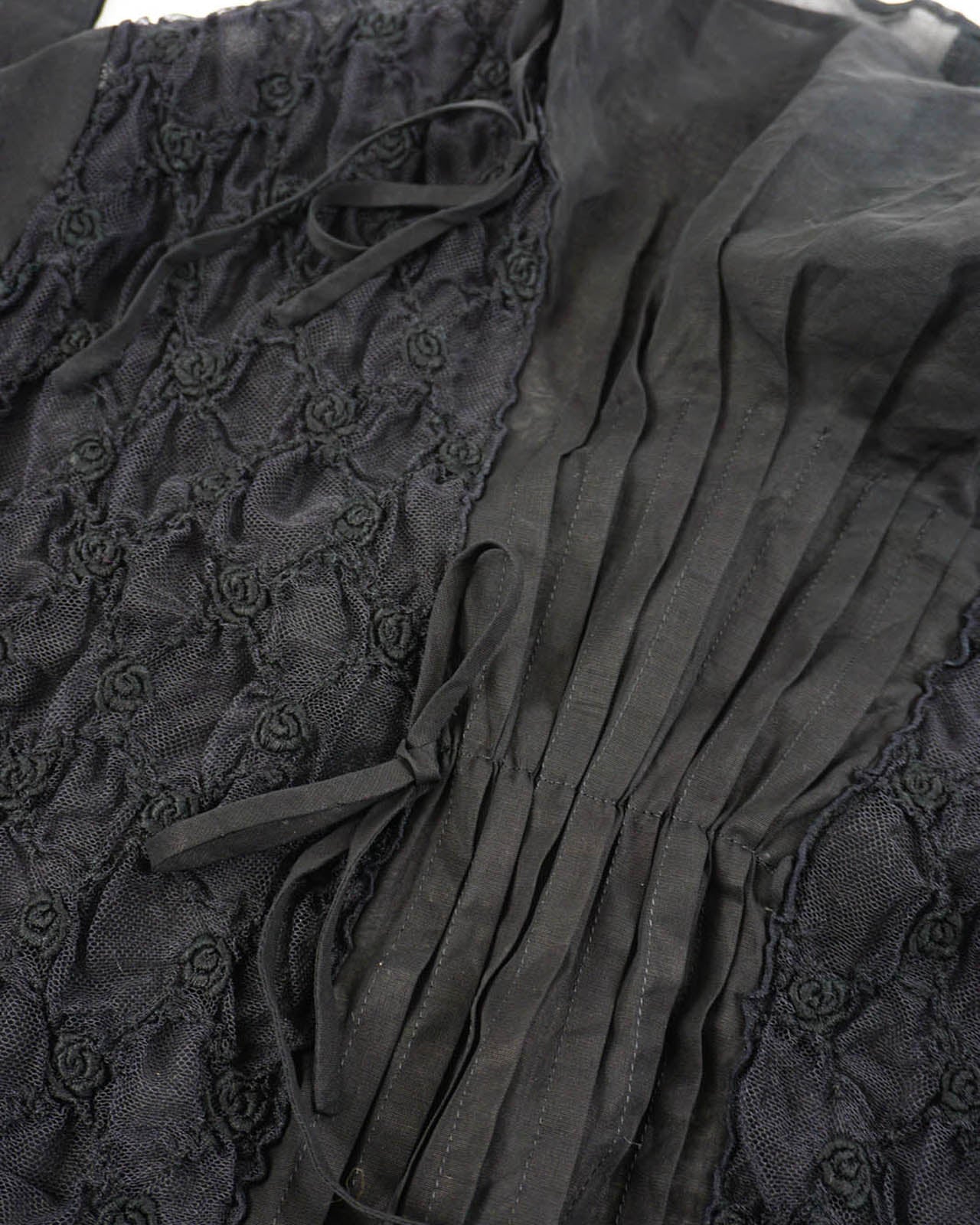 (S/M) Black Pleated Front High Neck 3D Rose Textured Sheer Top