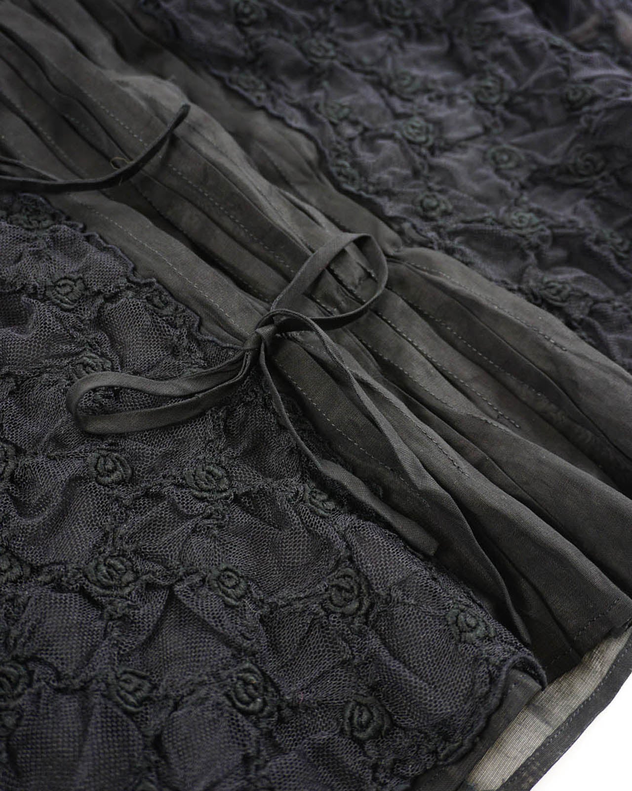 (S/M) Black Pleated Front High Neck 3D Rose Textured Sheer Top