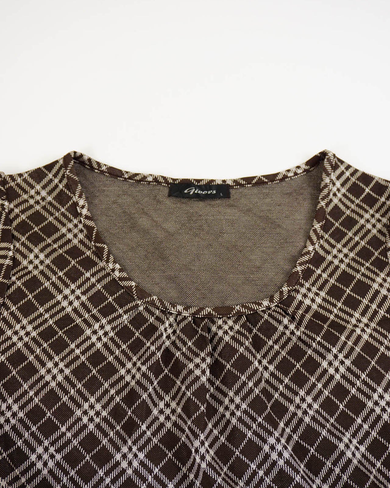 (L) GIUOVS Brown Checkered Cinched Waist Top